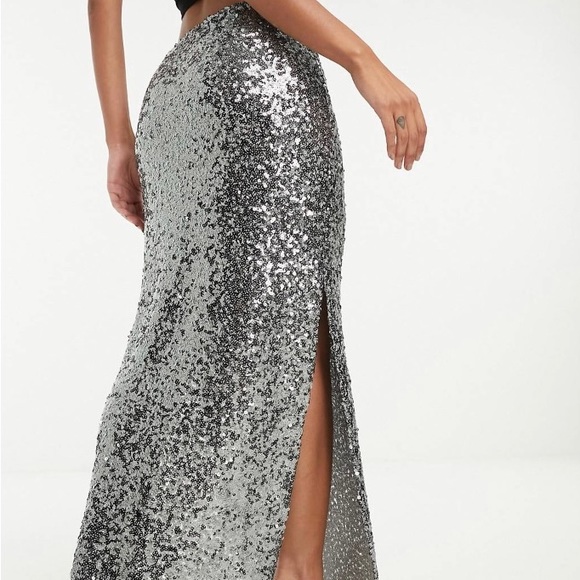 ASOS Design sequin maxi skirt with slits in dark silver - Picture 2 of 4